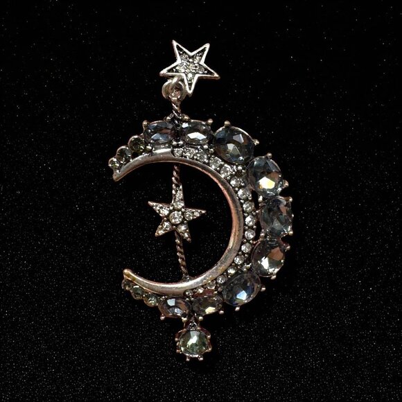 Celestial Moon & Star Dangle Earrings Rhinestone Silver-Tone Statement Jewelry - Picture 3 of 6